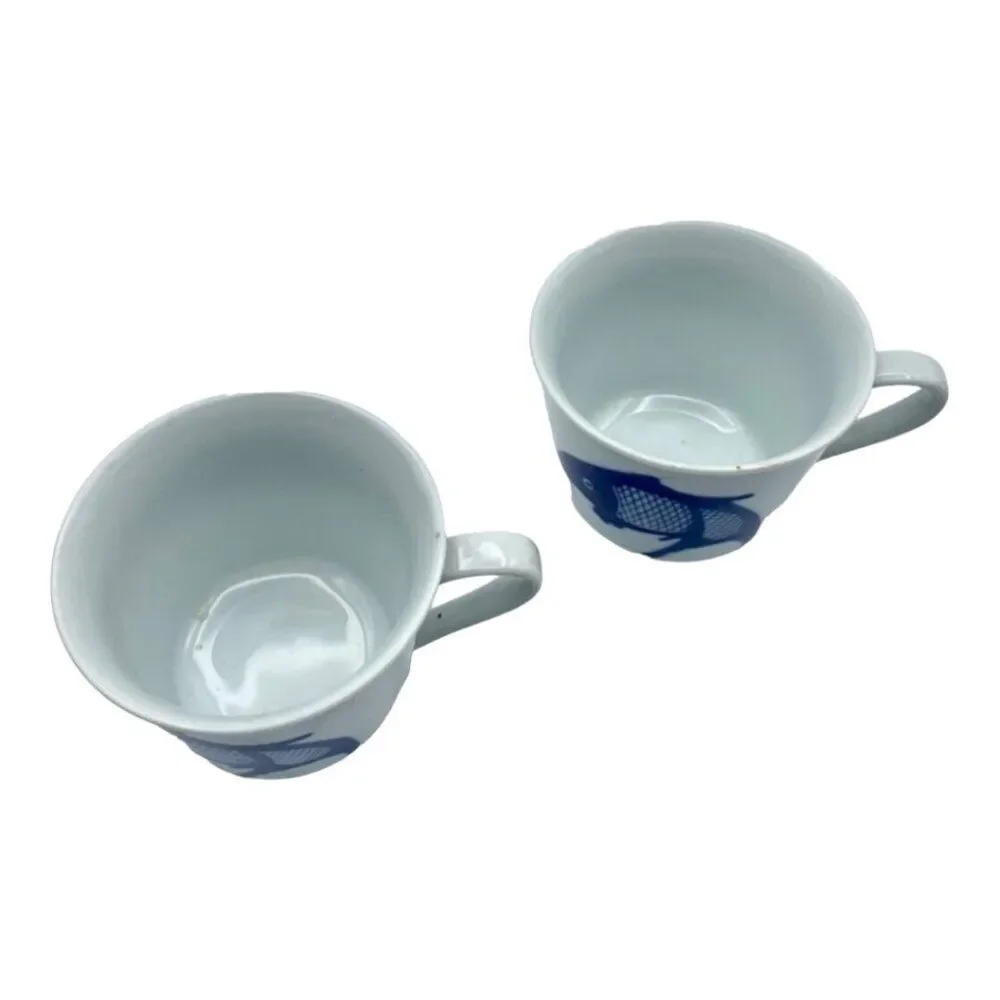 2 Blue & White Koi Fish Carp Tea Cups Mugs Hand Painted Porcelain Vintage